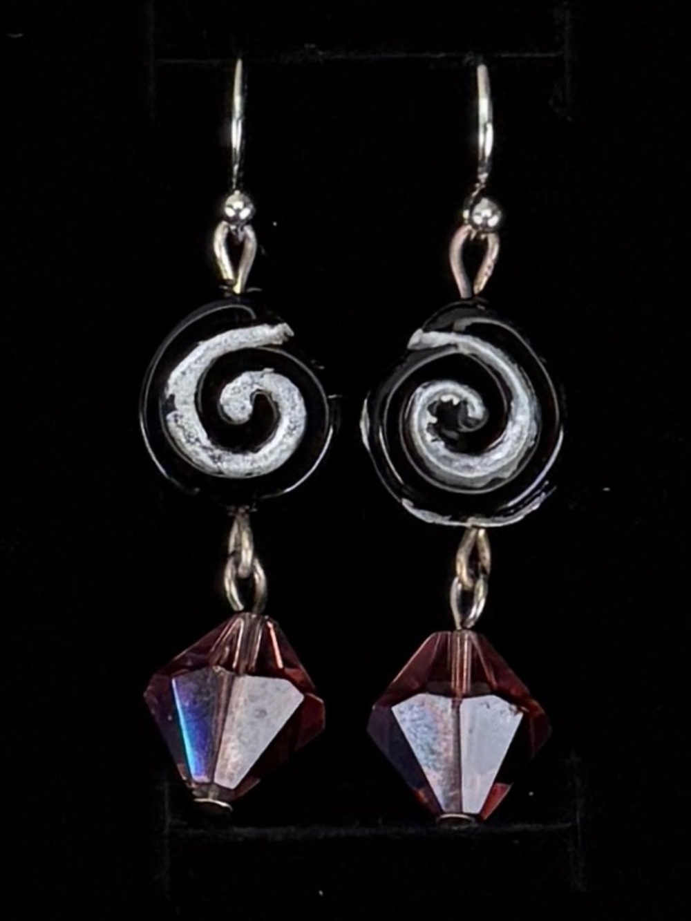 Silvertone, black swirl, iridescent accent bead, vintage pierced earrings